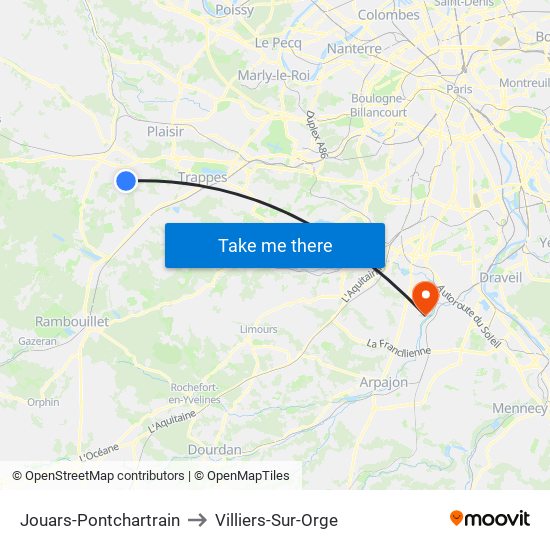 Jouars-Pontchartrain to Villiers-Sur-Orge map