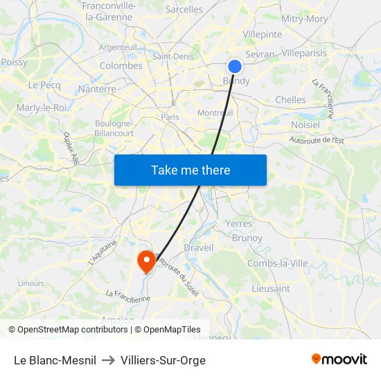 Le Blanc-Mesnil to Villiers-Sur-Orge map