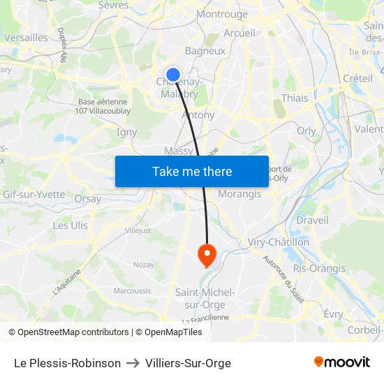 Le Plessis-Robinson to Villiers-Sur-Orge map