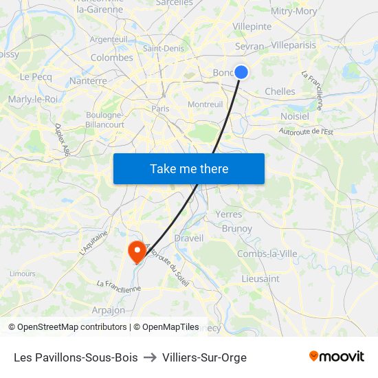 Les Pavillons-Sous-Bois to Villiers-Sur-Orge map