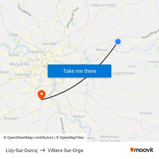 Lizy-Sur-Ourcq to Villiers-Sur-Orge map