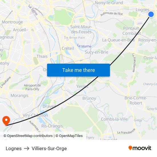 Lognes to Villiers-Sur-Orge map