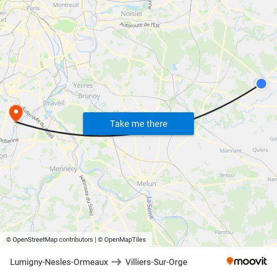 Lumigny-Nesles-Ormeaux to Villiers-Sur-Orge map