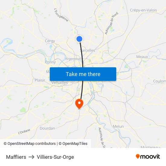 Maffliers to Villiers-Sur-Orge map
