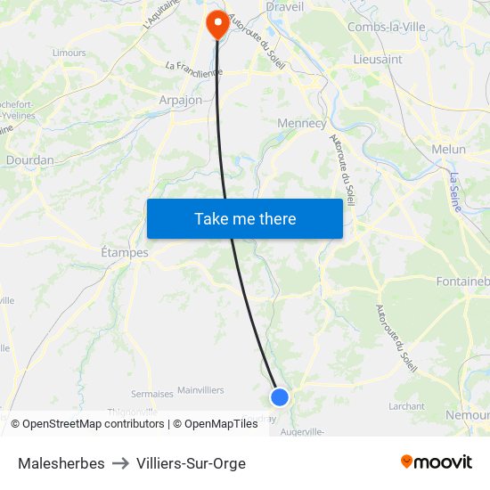 Malesherbes to Villiers-Sur-Orge map