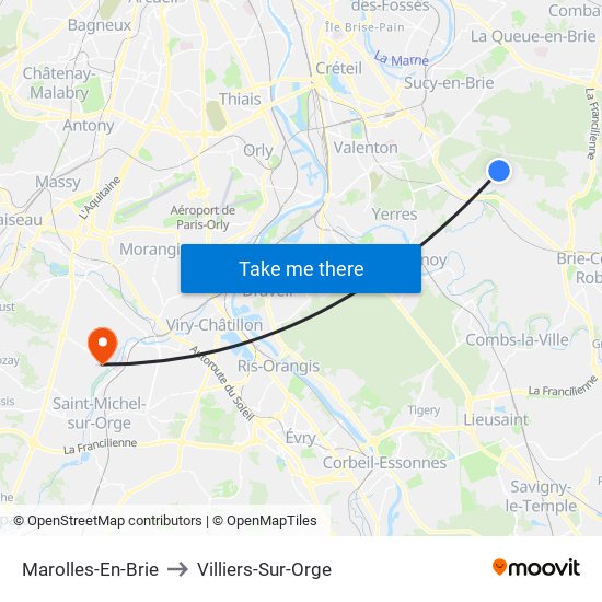Marolles-En-Brie to Villiers-Sur-Orge map