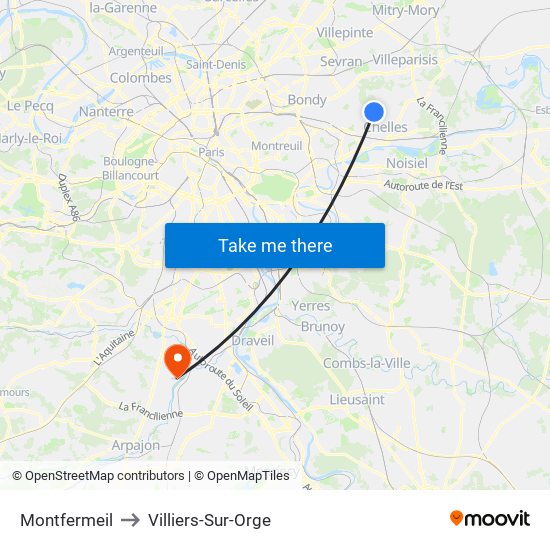 Montfermeil to Villiers-Sur-Orge map