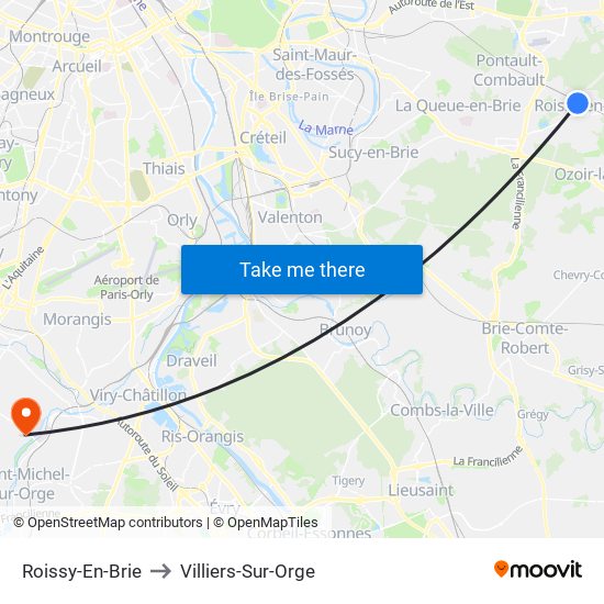 Roissy-En-Brie to Villiers-Sur-Orge map