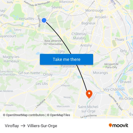 Viroflay to Villiers-Sur-Orge map