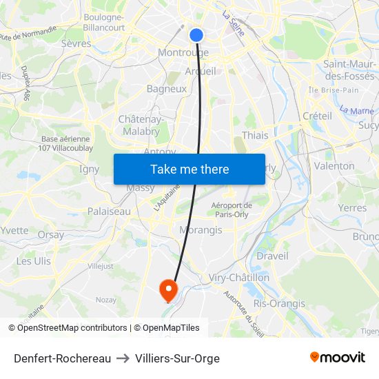 Denfert-Rochereau to Villiers-Sur-Orge map