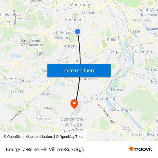 Bourg-La-Reine to Villiers-Sur-Orge map