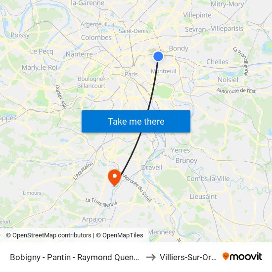 Bobigny - Pantin - Raymond Queneau to Villiers-Sur-Orge map