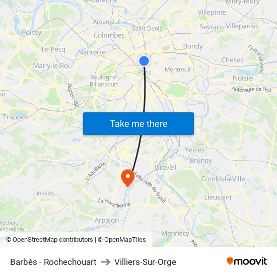 Barbès - Rochechouart to Villiers-Sur-Orge map