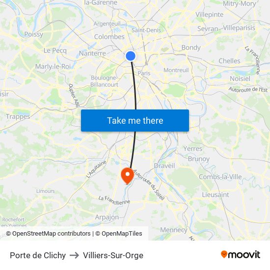 Porte de Clichy to Villiers-Sur-Orge map