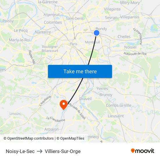 Noisy-Le-Sec to Villiers-Sur-Orge map
