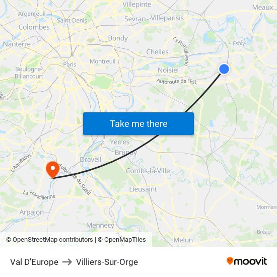 Val D'Europe to Villiers-Sur-Orge map
