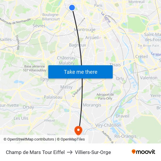 Champ de Mars Tour Eiffel to Villiers-Sur-Orge map