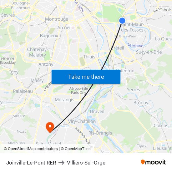 Joinville-Le-Pont RER to Villiers-Sur-Orge map