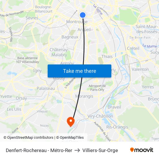 Denfert-Rochereau - Métro-Rer to Villiers-Sur-Orge map