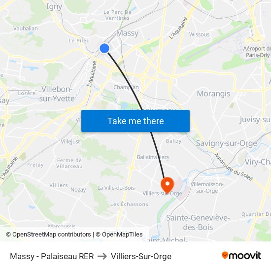 Massy - Palaiseau RER to Villiers-Sur-Orge map