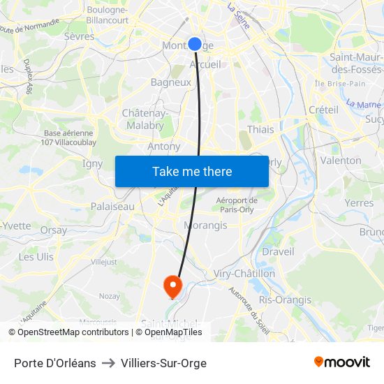 Porte D'Orléans to Villiers-Sur-Orge map