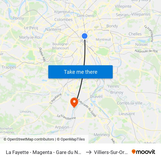 La Fayette - Magenta - Gare du Nord to Villiers-Sur-Orge map