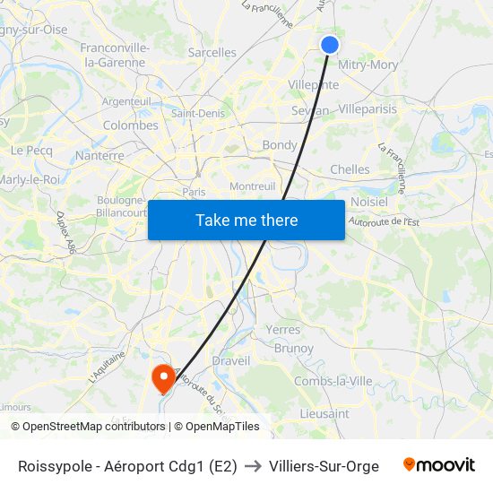 Roissypole - Aéroport Cdg1 (E2) to Villiers-Sur-Orge map