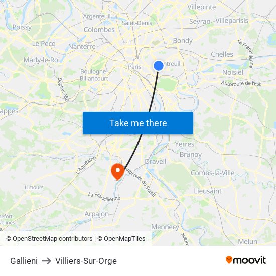 Gallieni to Villiers-Sur-Orge map