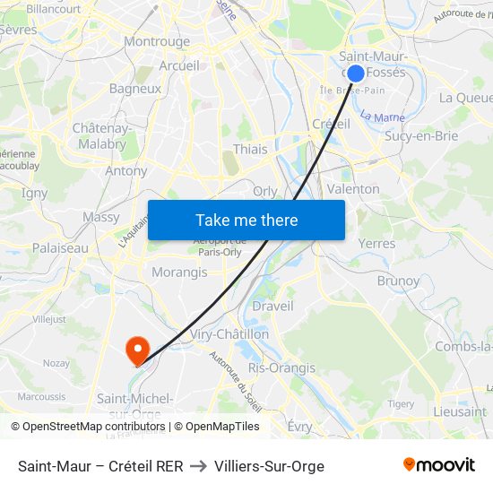 Saint-Maur – Créteil RER to Villiers-Sur-Orge map
