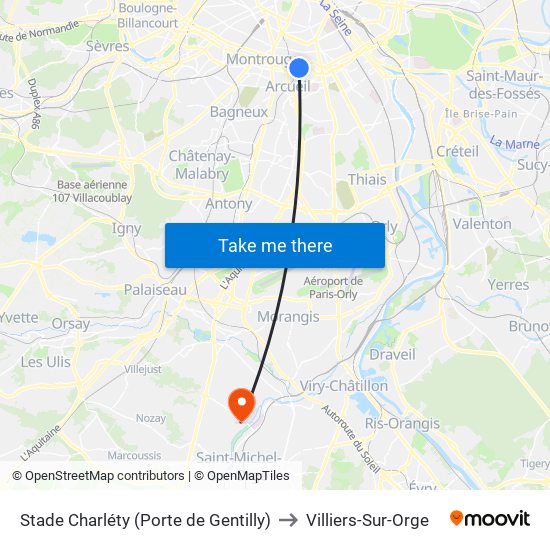 Stade Charléty (Porte de Gentilly) to Villiers-Sur-Orge map