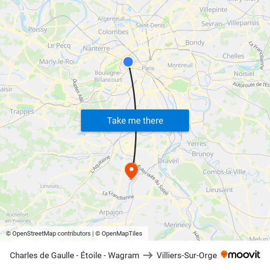 Charles de Gaulle - Étoile - Wagram to Villiers-Sur-Orge map