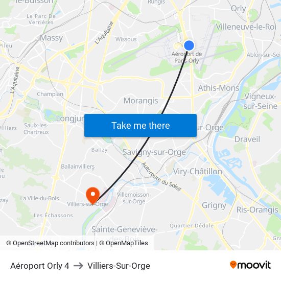 Aéroport Orly 4 to Villiers-Sur-Orge map