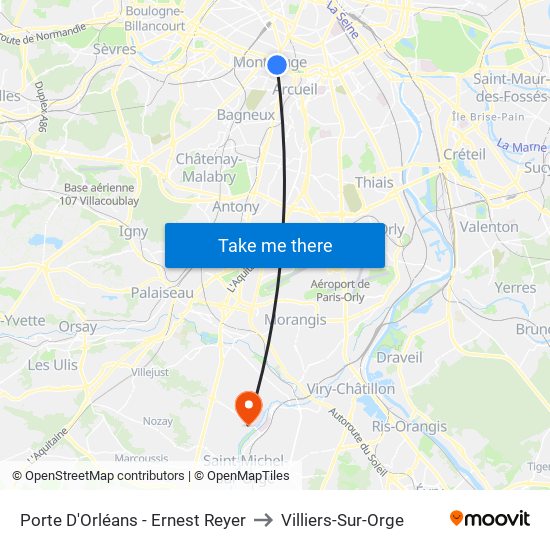Porte D'Orléans - Ernest Reyer to Villiers-Sur-Orge map