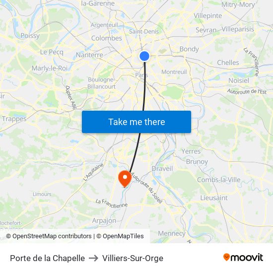 Porte de la Chapelle to Villiers-Sur-Orge map