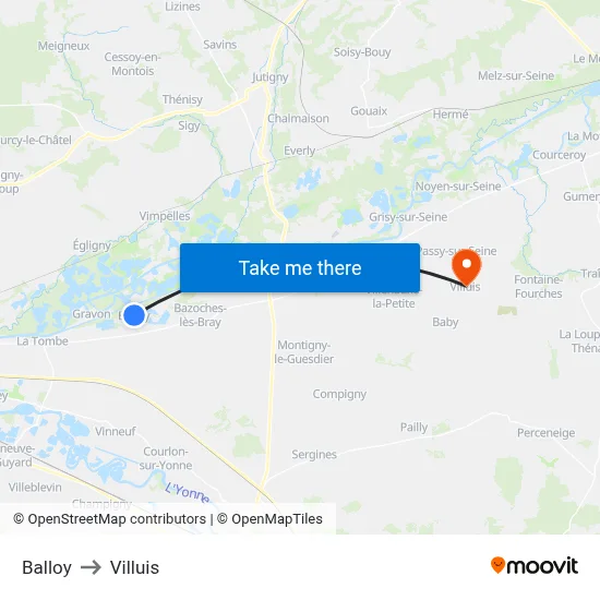 Balloy to Villuis map