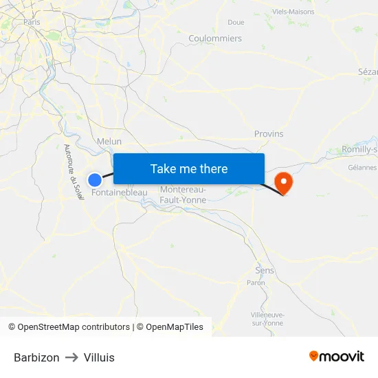 Barbizon to Villuis map