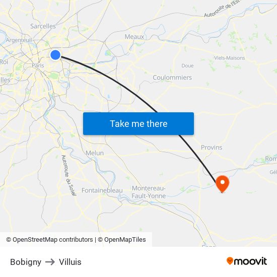 Bobigny to Villuis map