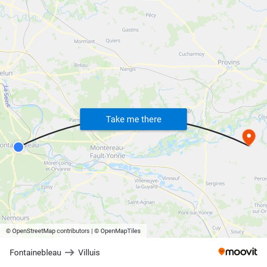 Fontainebleau to Villuis map