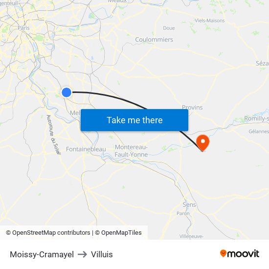 Moissy-Cramayel to Villuis map