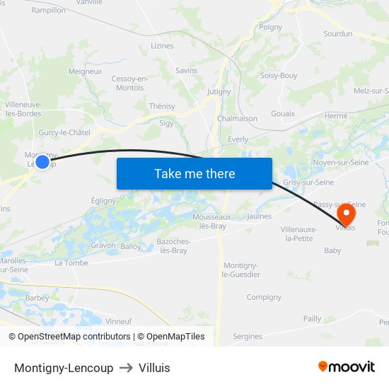 Montigny-Lencoup to Villuis map