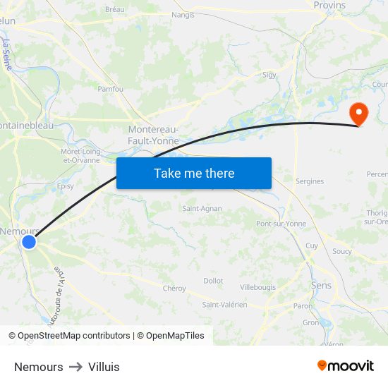 Nemours to Villuis map