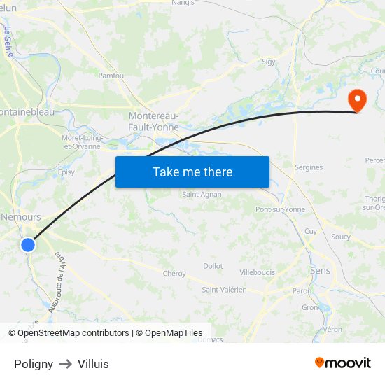 Poligny to Villuis map
