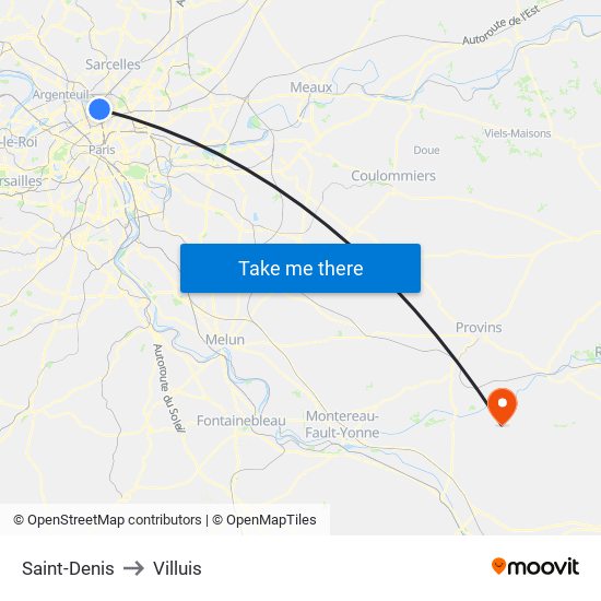 Saint-Denis to Villuis map