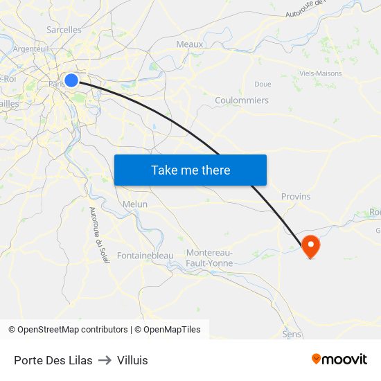 Porte Des Lilas to Villuis map