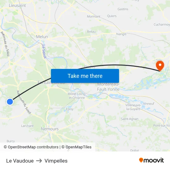 Le Vaudoue to Vimpelles map