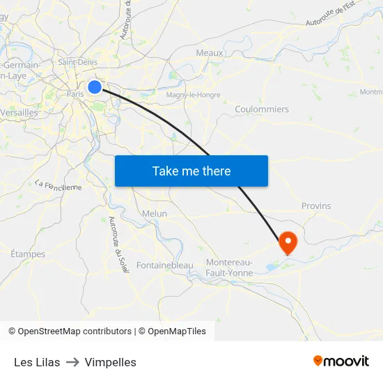 Les Lilas to Vimpelles map