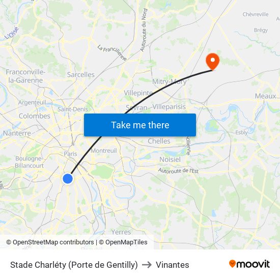 Stade Charléty (Porte de Gentilly) to Vinantes map