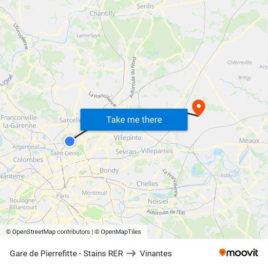 Gare de Pierrefitte - Stains RER to Vinantes map