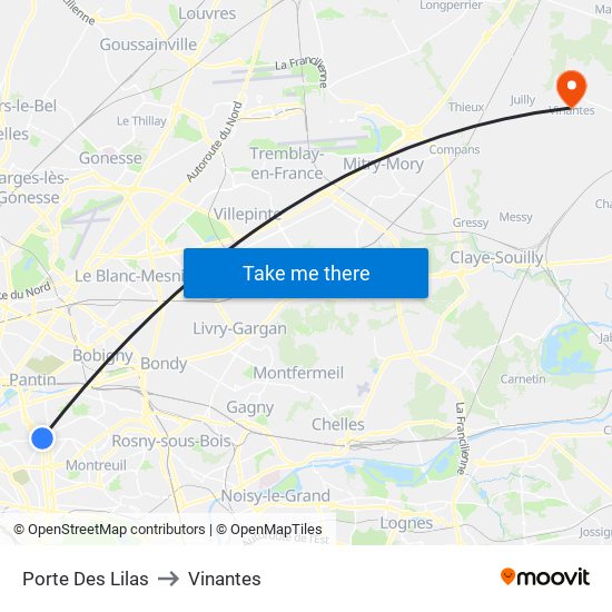 Porte Des Lilas to Vinantes map