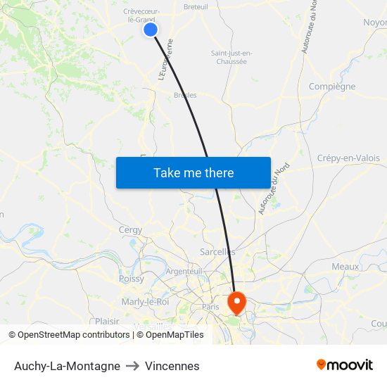 Auchy-La-Montagne to Vincennes map